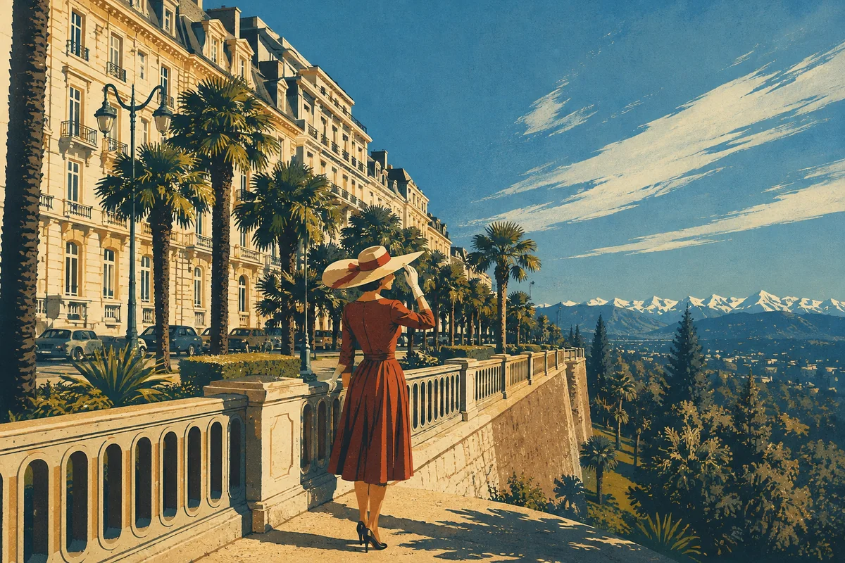 Affiche moderniste du boulevard des Pyrénées à Pau, avec sa balustrade, ses façades, ses palmiers et le panorama montagneux.