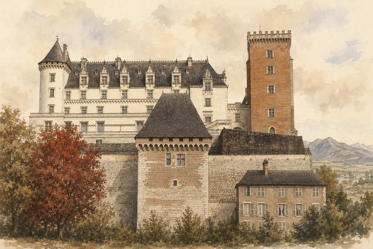 Lavis architectural du château de Pau montrant ses tours, ses lucarnes et ses volumes au-dessus de la ville.