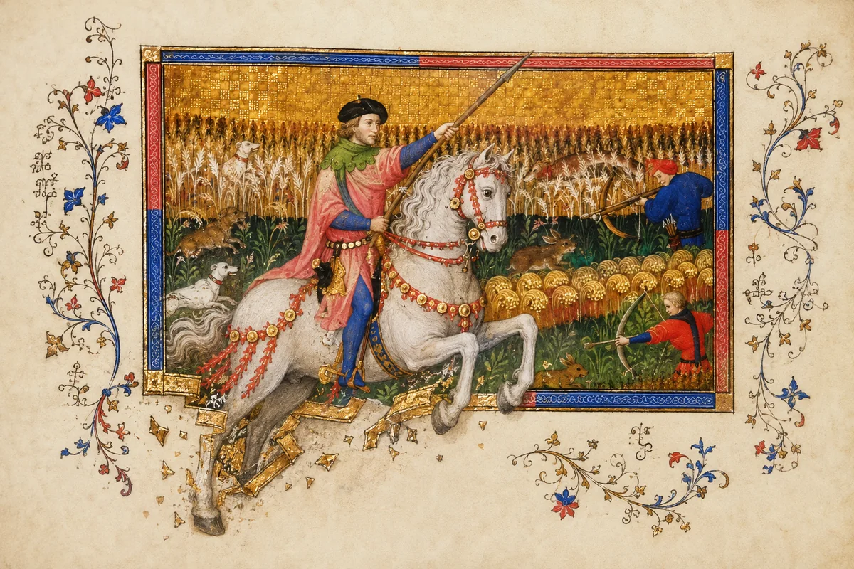 Enluminure contemporaine représentant Gaston Fébus dans une scène de chasse médiévale qui déborde de sa bordure dorée.