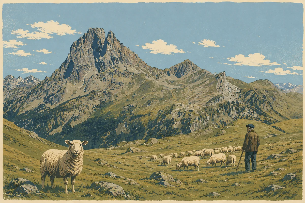 Illustration en sérigraphie de la vallée d’Ossau, avec le Pic du Midi d’Ossau, un berger et son troupeau.