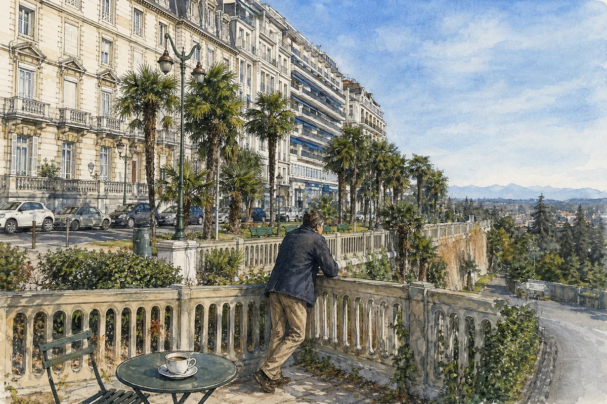 Illustration à l’encre et à l’aquarelle de Pau en ville-balcon, avec le boulevard des Pyrénées, ses façades, ses palmiers et la chaîne en arrière-plan.