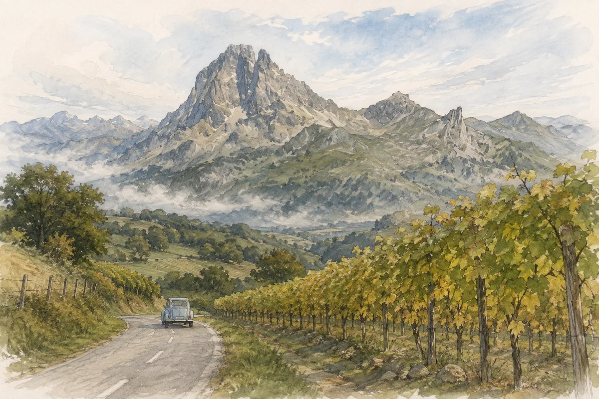 Aquarelle narrative d’une route béarnaise traversant les coteaux et les vignes en direction du Pic du Midi d’Ossau.