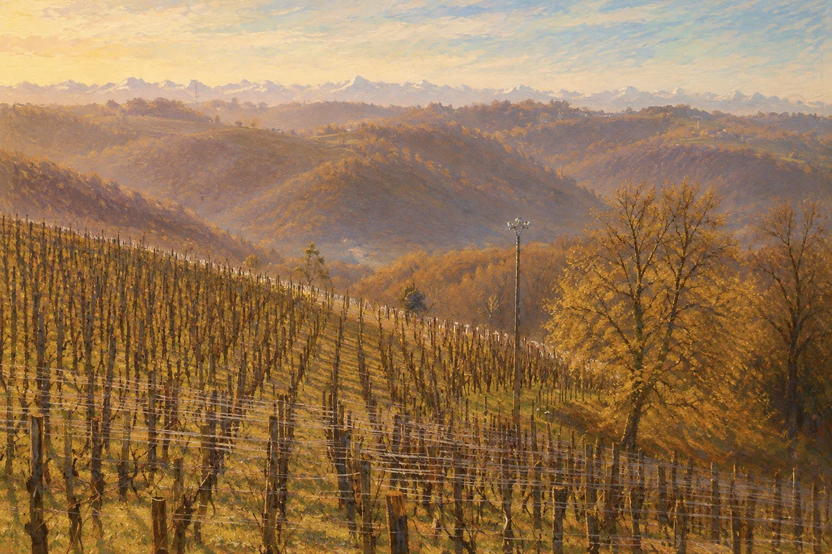Pastel à l’huile des rangs de vigne de Jurançon courant sur les coteaux face aux Pyrénées.