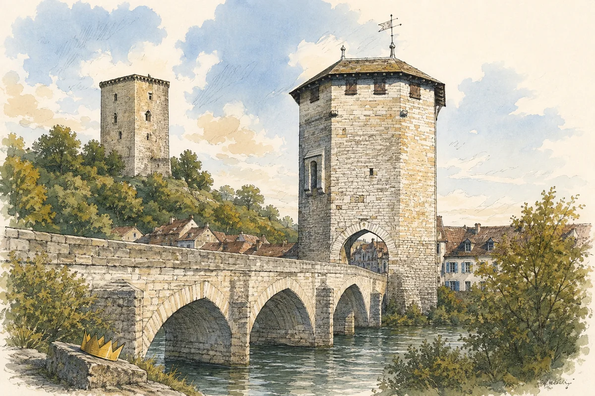 Illustration à l'encre et à la gouache du Pont-Vieux d'Orthez au-dessus du gave, avec la tour Moncade sur la hauteur et une petite couronne de papier oubliée au bord de l'eau.