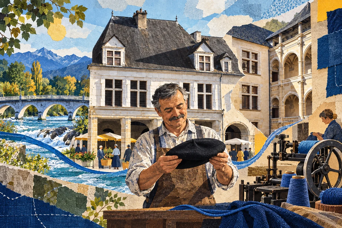 Illustration de presse de la place centrale de Nay sous ses arcades, avec la Maison Carrée, le gave et un ancien ouvrier tenant un béret béarnais.