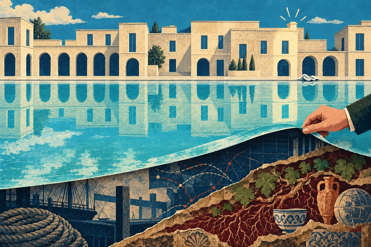 Une main soulève le reflet turquoise d’une façade de pierre imaginaire et découvre dessous des strates sobres d’archives portuaires, de routes atlantiques et de racines liées aux cultures de la vigne.