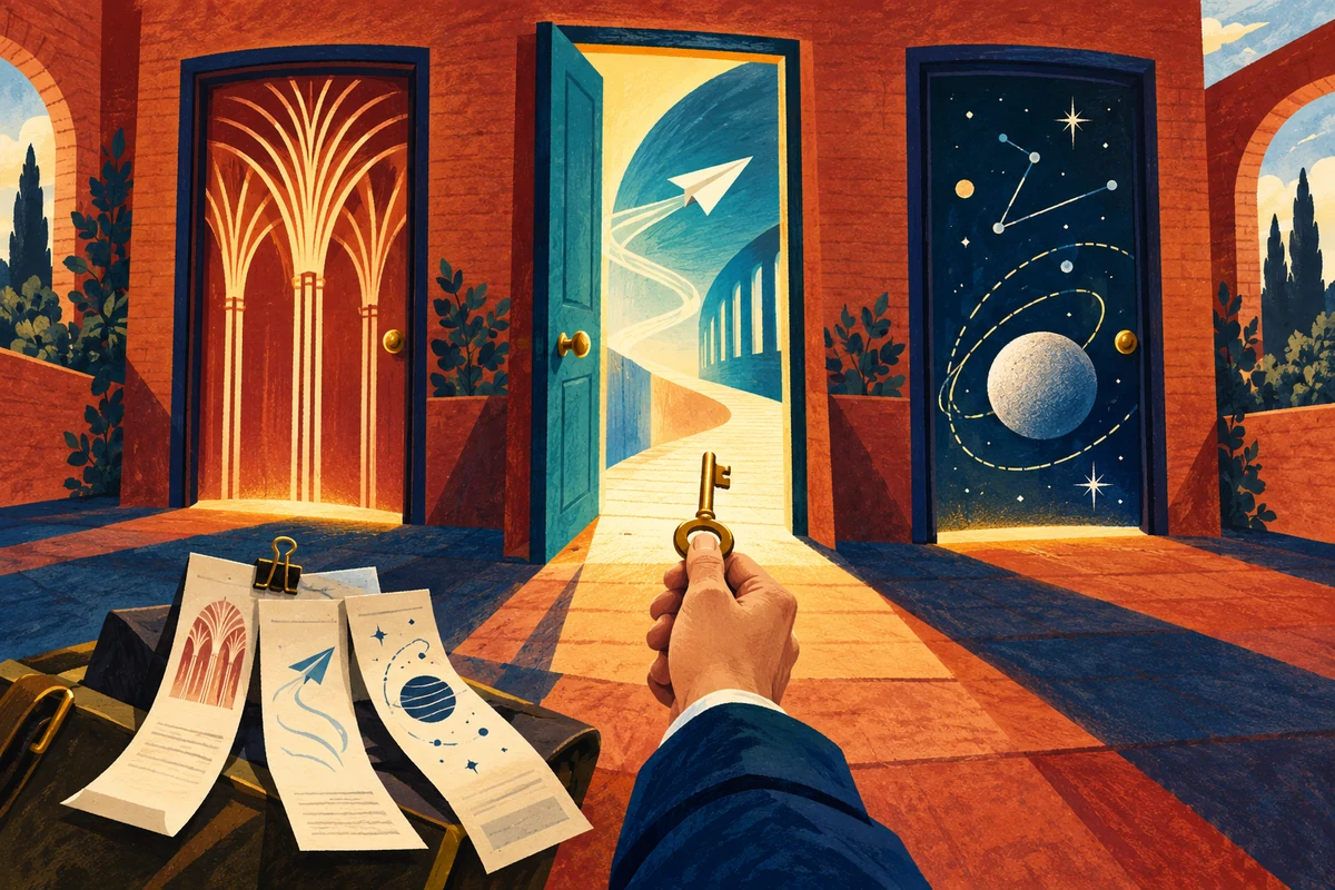Dans un décor de brique imaginaire, trois portes symbolisent patrimoine, aviation et sciences ; une main n’utilise qu’une clé tandis qu’un agenda trop long retient les deux autres visites pour plus tard.