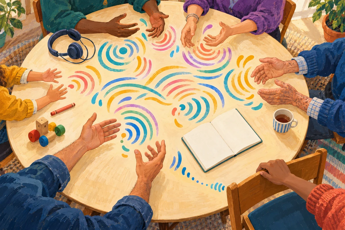 Autour d’une table ronde, des mains d’âges et de carnations variés échangent des ondes colorées sans aucun mot, tandis qu’une nouvelle personne rapproche sa chaise du cercle.