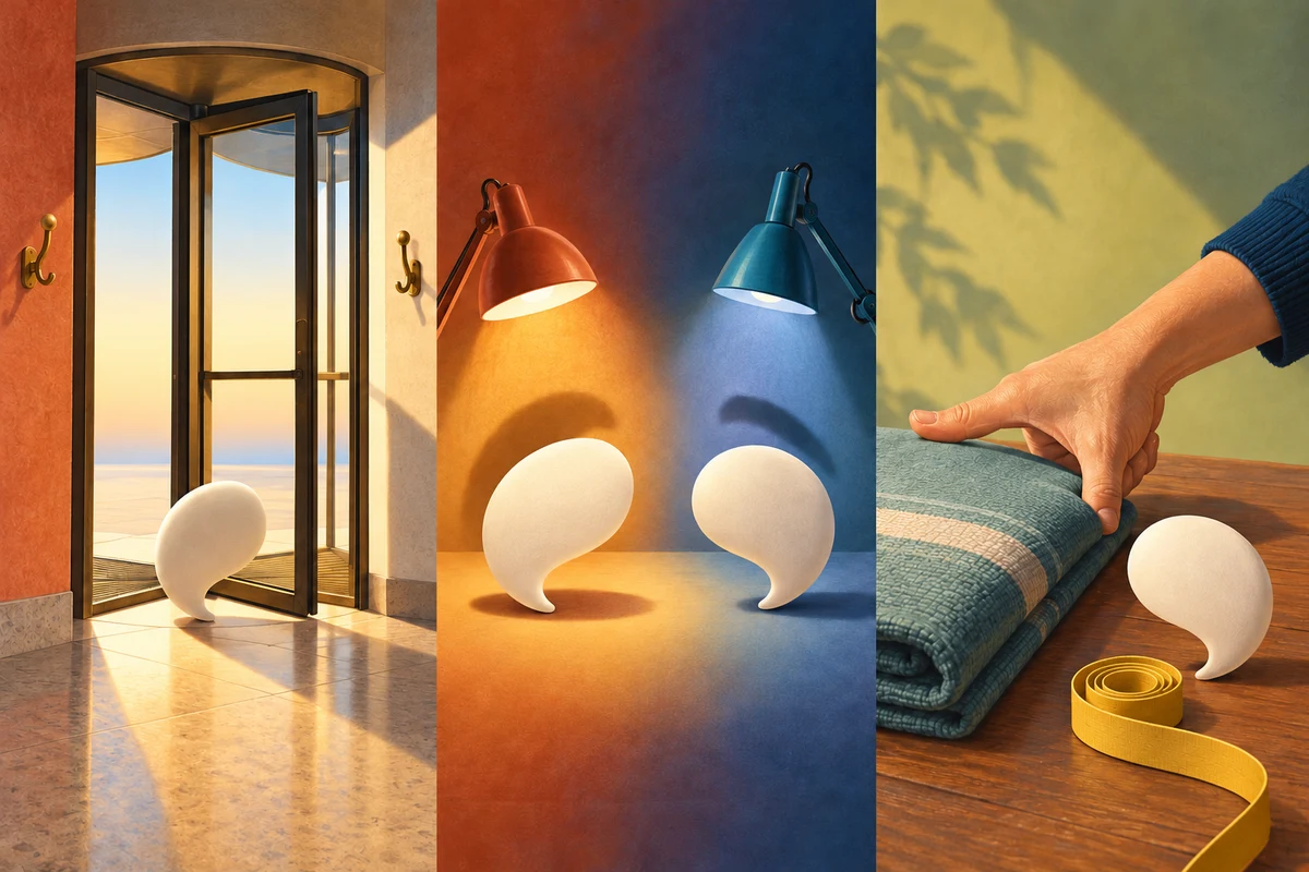 Un triptyque montre la même forme de parole blanche et muette sur le seuil d’une porte, sous deux lampes qui lui donnent des ombres de tons différents, puis près d’une main qui estime la largeur d’un tissu.
