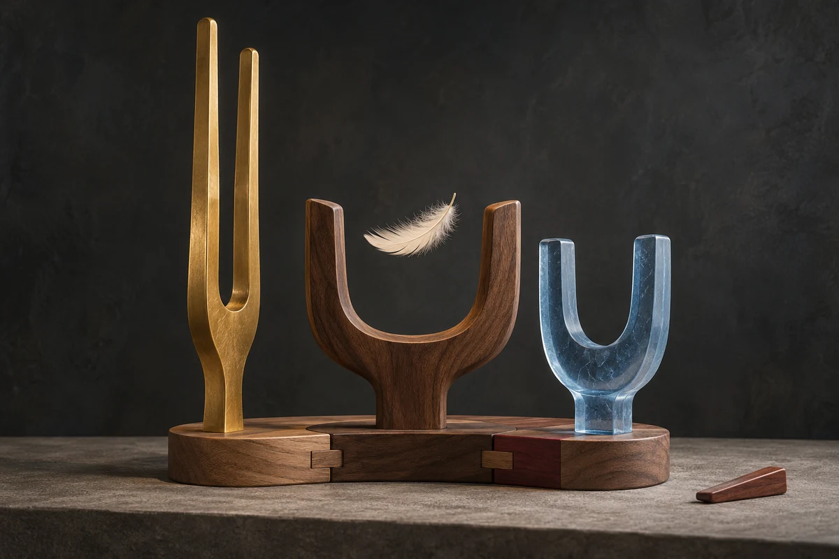Trois sculptures en forme de diapason, l’une haute en laiton, l’autre large en noyer et la troisième plus basse en verre bleu, reposent sur un socle assemblé et maintiennent ensemble une plume en équilibre.