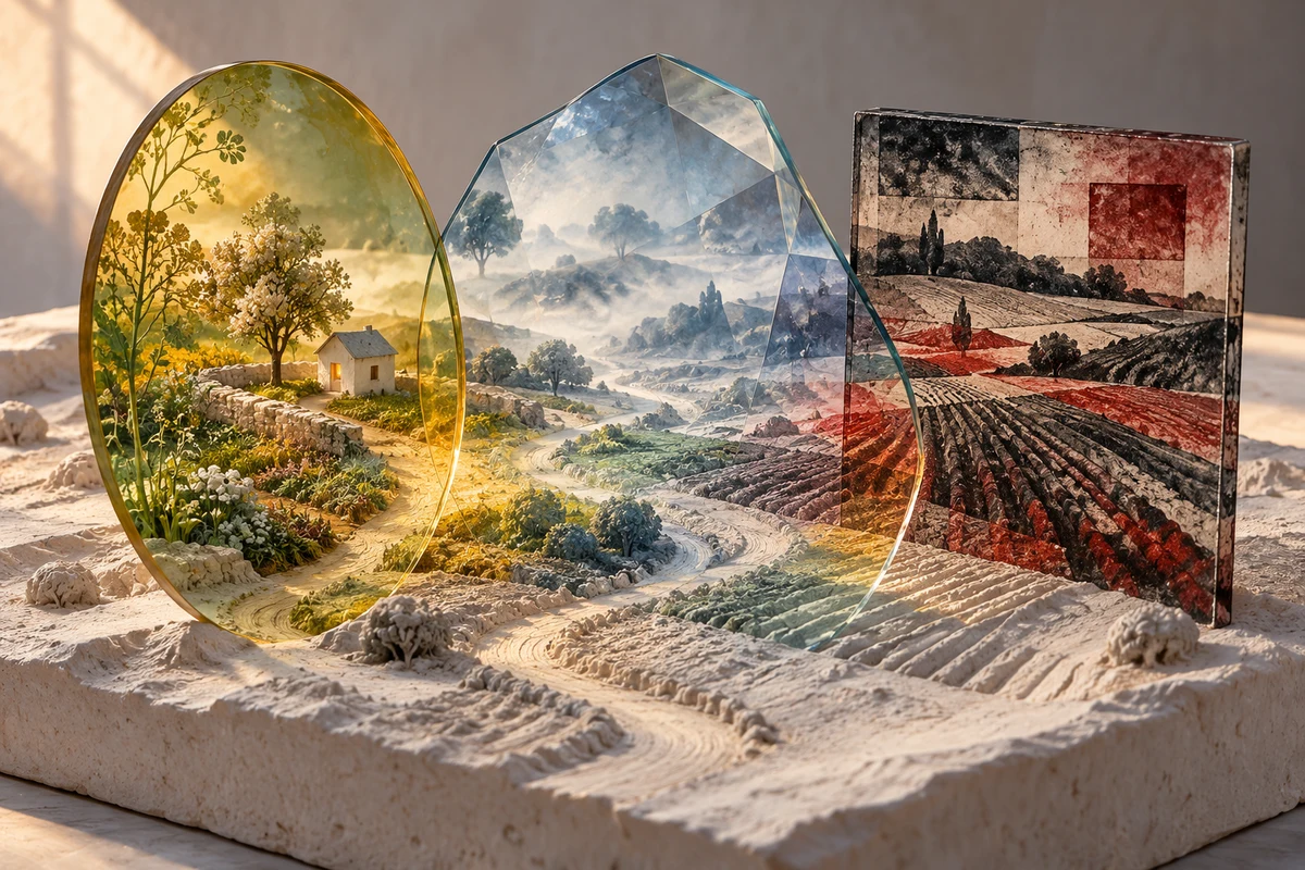 Trois grandes lentilles, l’une ovale et botanique, l’autre facettée et brumeuse, la troisième carrée aux textures d’encre et de sillons, transforment différemment un même paysage abstrait modelé en plâtre.