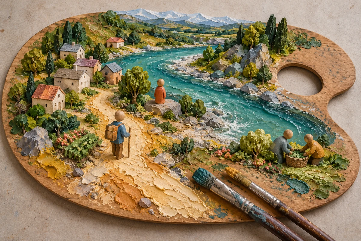 Vue de dessus d’une palette de peintre transformée en paysage miniature : un gave turquoise, un chemin ocre, des maisons et quatre silhouettes occupent le premier plan, devant une mince ligne de montagnes.