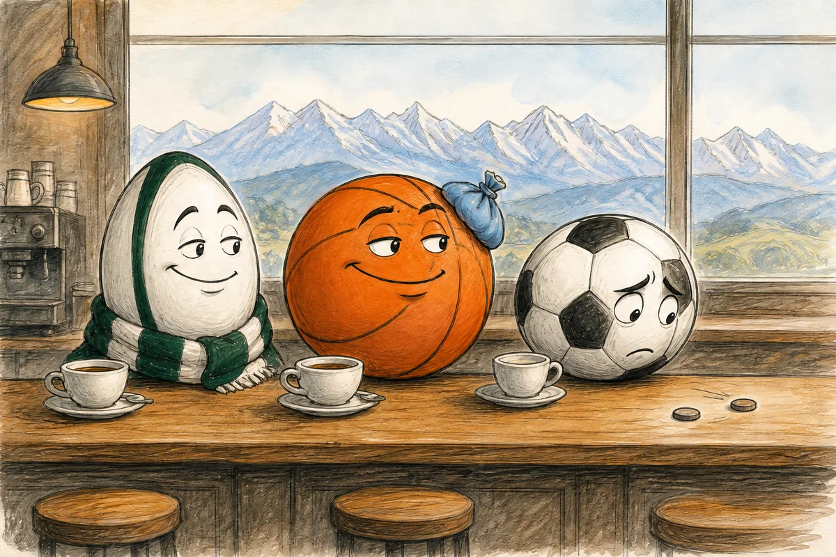 Illustration de presse montrant trois ballons représentant la Section Paloise, l'Élan Béarnais et le Pau FC réunis au comptoir d'un café, devant les Pyrénées un lundi matin.