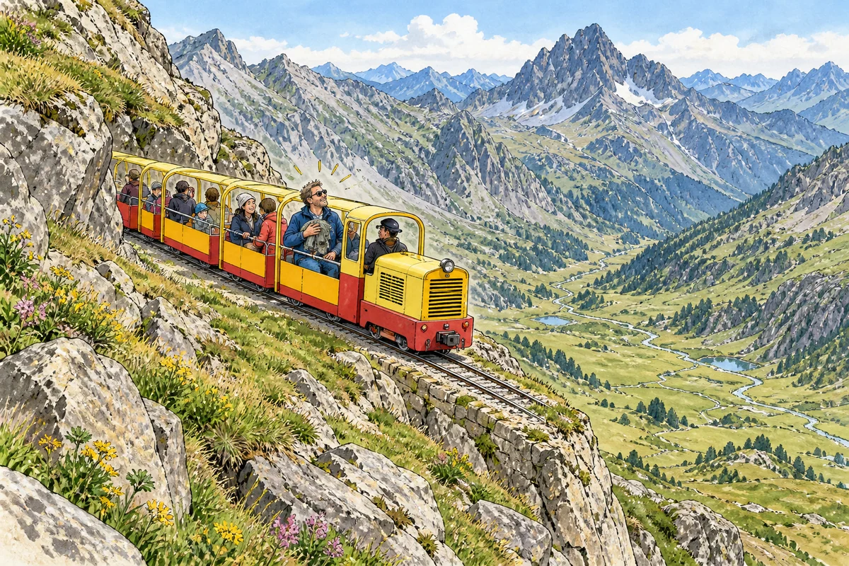 Illustration de presse du petit train jaune d’Artouste avançant sur une voie étroite à flanc de montagne, au-dessus de la vallée d’Ossau.