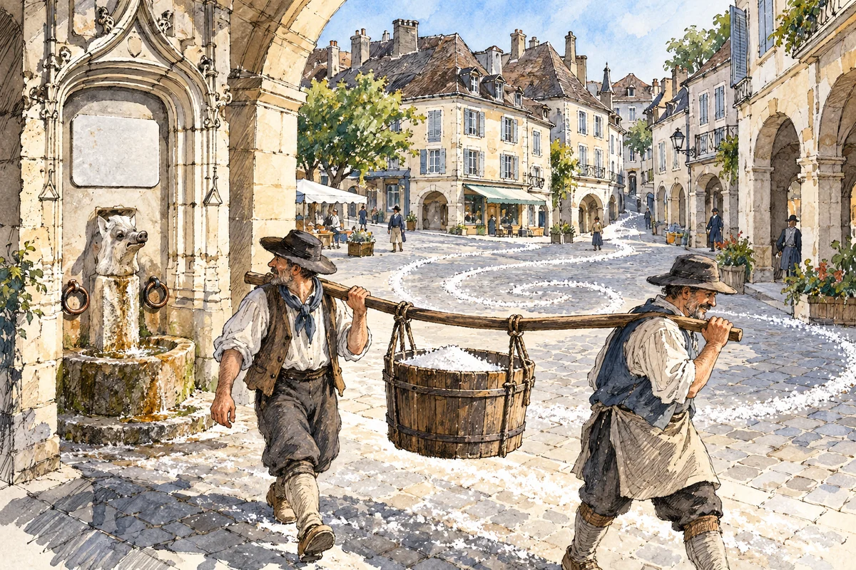 Illustration de presse de la place du Bayaà à Salies-de-Béarn, avec la fontaine au sanglier et les rues dessinant un escargot autour de la source salée.