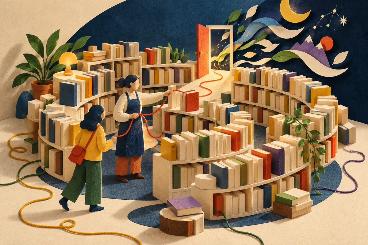 Dans une librairie imaginaire en papier découpé, deux personnages tiennent un fil rouge qui traverse les rayonnages et mène à une porte ouverte sur des formes colorées.