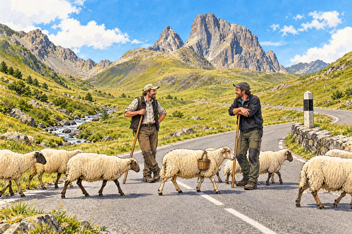 Illustration de presse du col du Pourtalet, où deux bergers discutent tandis que des brebis traversent la frontière devant le pic du Midi d’Ossau.