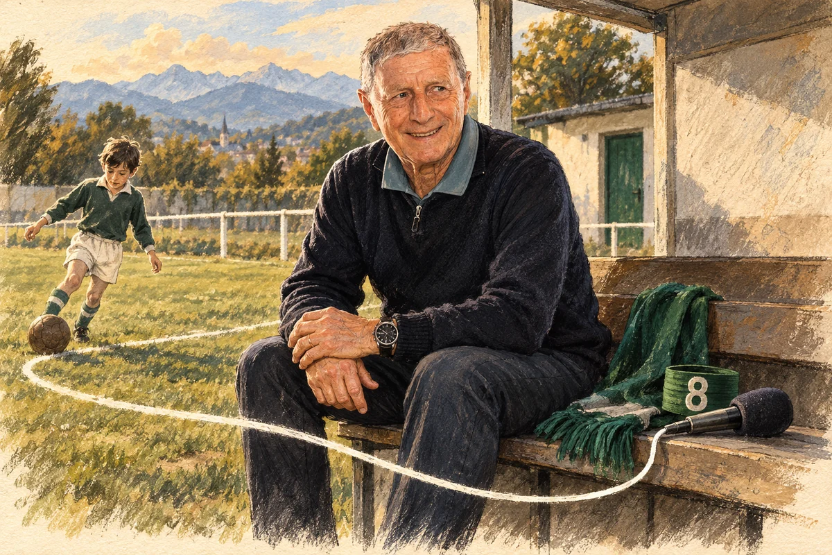 Portrait dessiné de Jean-Michel Larqué reliant un terrain de football palois de son enfance, son brassard vert et un micro de commentateur.