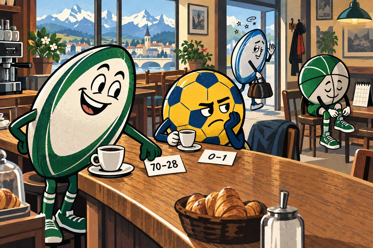Illustration de presse de trois ballons palois au comptoir un lundi matin : le rugby rayonne après le derby, le football digère une courte défaite et le basket attend son prochain match.