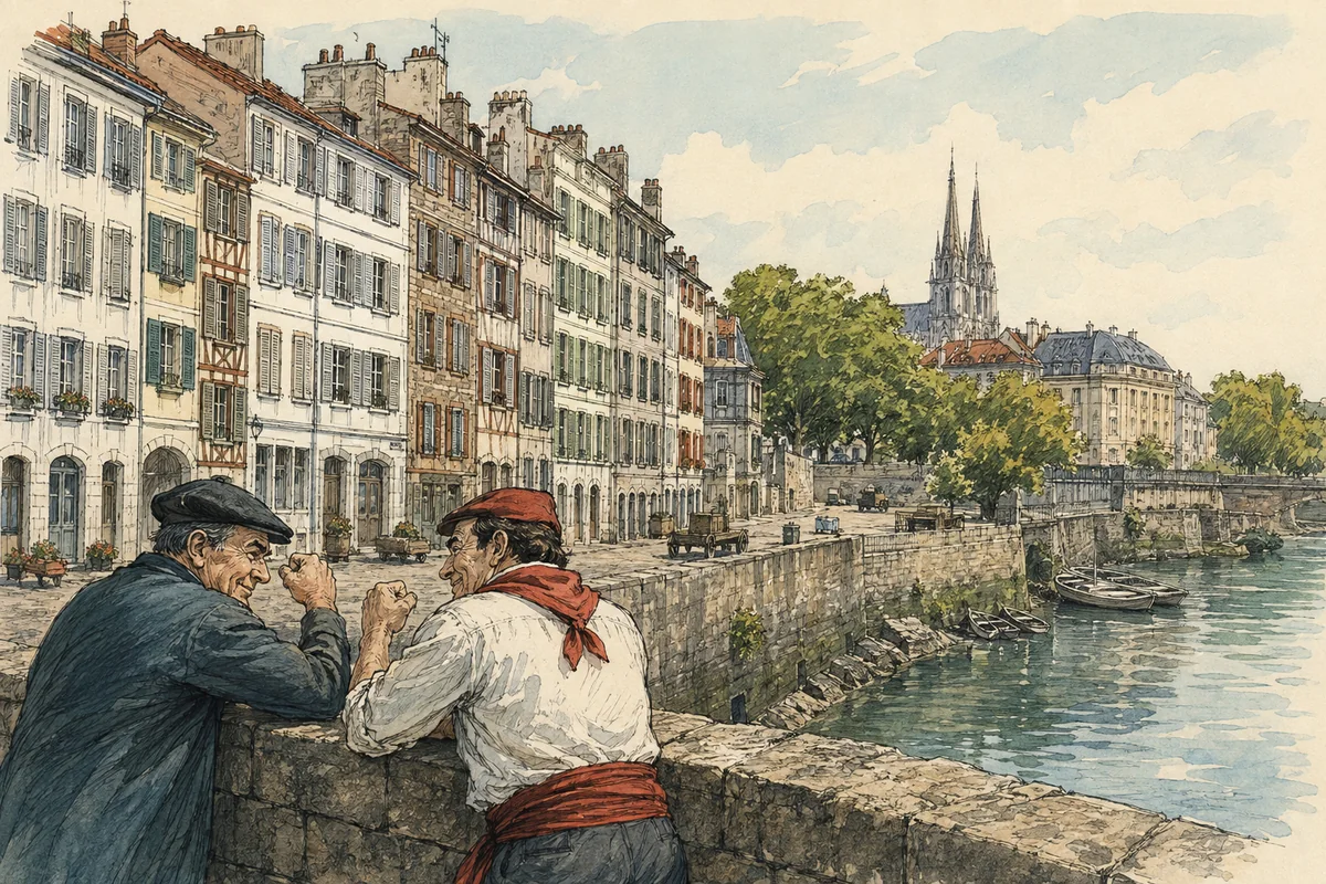 Dessin en ligne claire des quais de la Nive à Bayonne, animé par une taquinerie amicale entre voisins basque et béarnais.