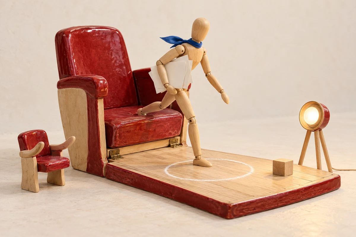 Un mannequin de bois quitte un grand fauteuil rouge dont l’assise se déplie en plateau de répétition ; un petit fauteuil voisin lève ses accoudoirs comme pour l’encourager.