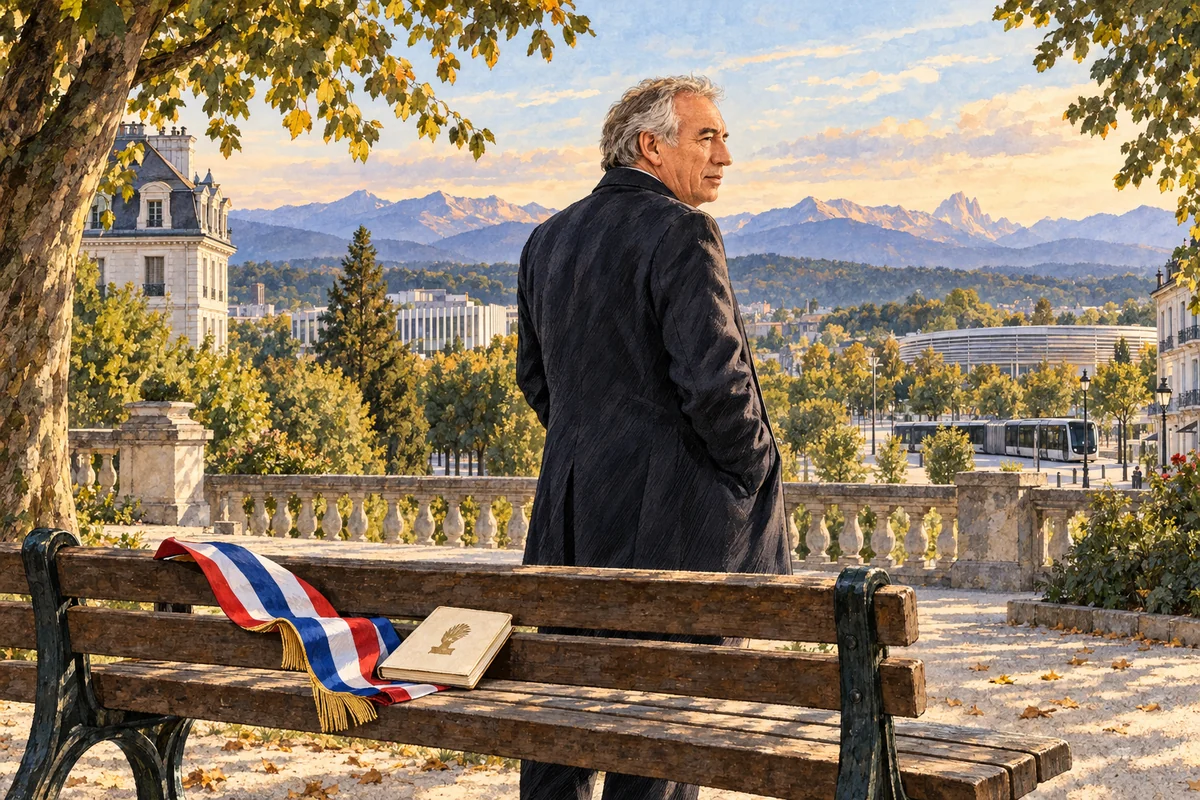 François Bayrou regardant les Pyrénées depuis Pau, son écharpe de maire posée à côté de lui et les réalisations de la ville en arrière-plan.