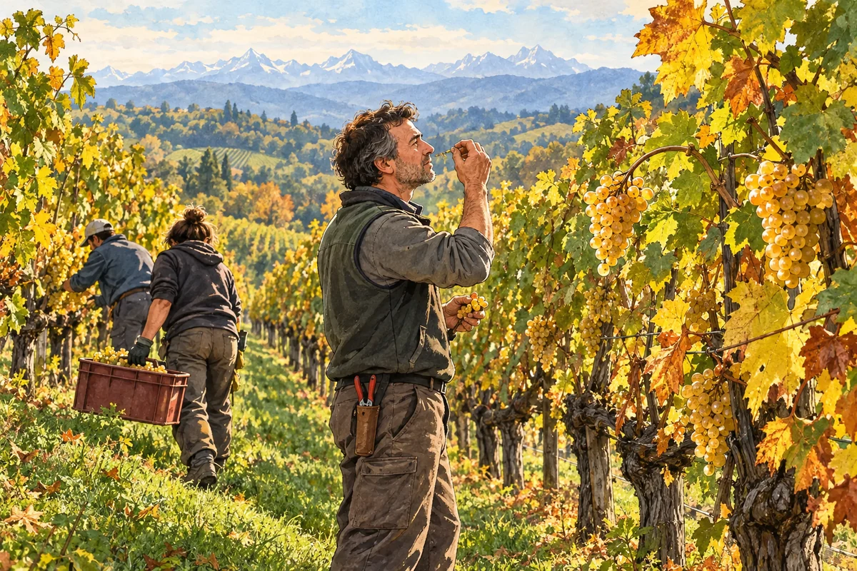 Illustration de presse de vendanges manuelles sur un coteau de Jurançon, où un vigneron laisse mûrir quelques grappes dorées face aux Pyrénées.