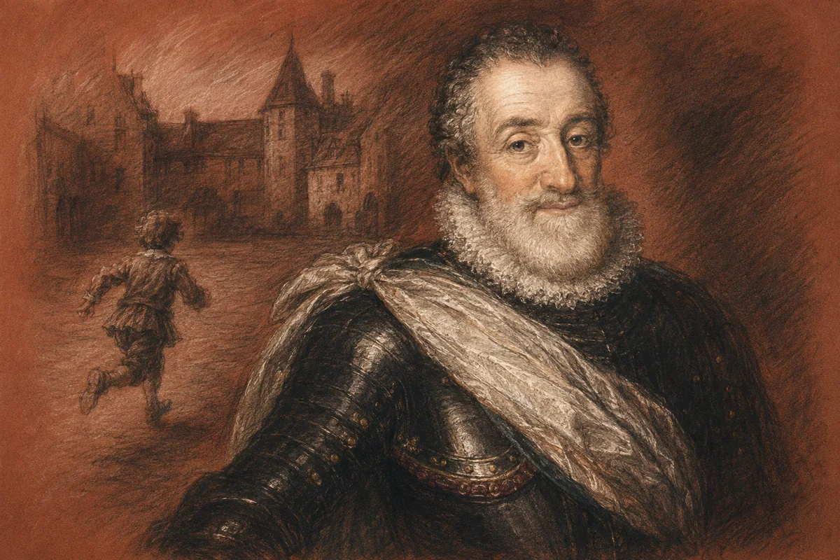 Portrait au fusain et à la craie d’Henri IV, accompagné du souvenir symbolique de son enfance au château de Pau.