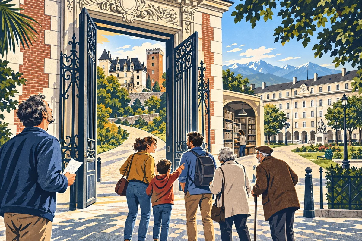 Illustration de presse d’une grande porte patrimoniale paloise ouverte sur plusieurs lieux à visiter, tandis que des habitants choisissent leur parcours devant les Pyrénées.