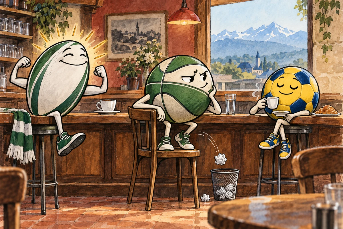 Dessin de presse de trois ballons palois au comptoir : le rugby vert et blanc rayonne, le basket vert et blanc retrouve la grande table avec une humeur contrariée, et le football jaune et bleu savoure calmement son café.