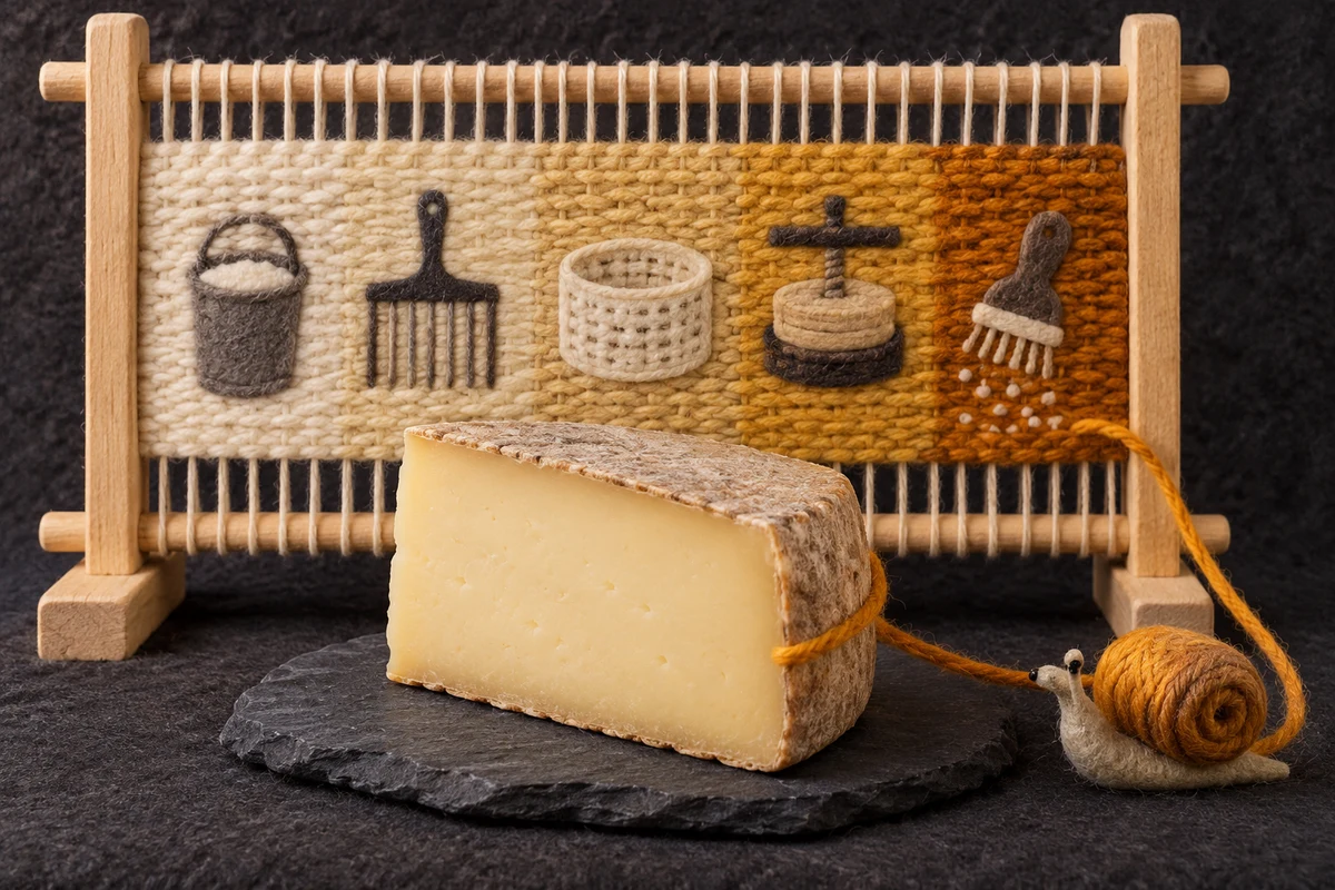 Une part de fromage de brebis repose devant un métier à tisser où cinq outils évoquent sa fabrication ; un petit escargot en feutre apporte la dernière pelote couleur d’ambre.