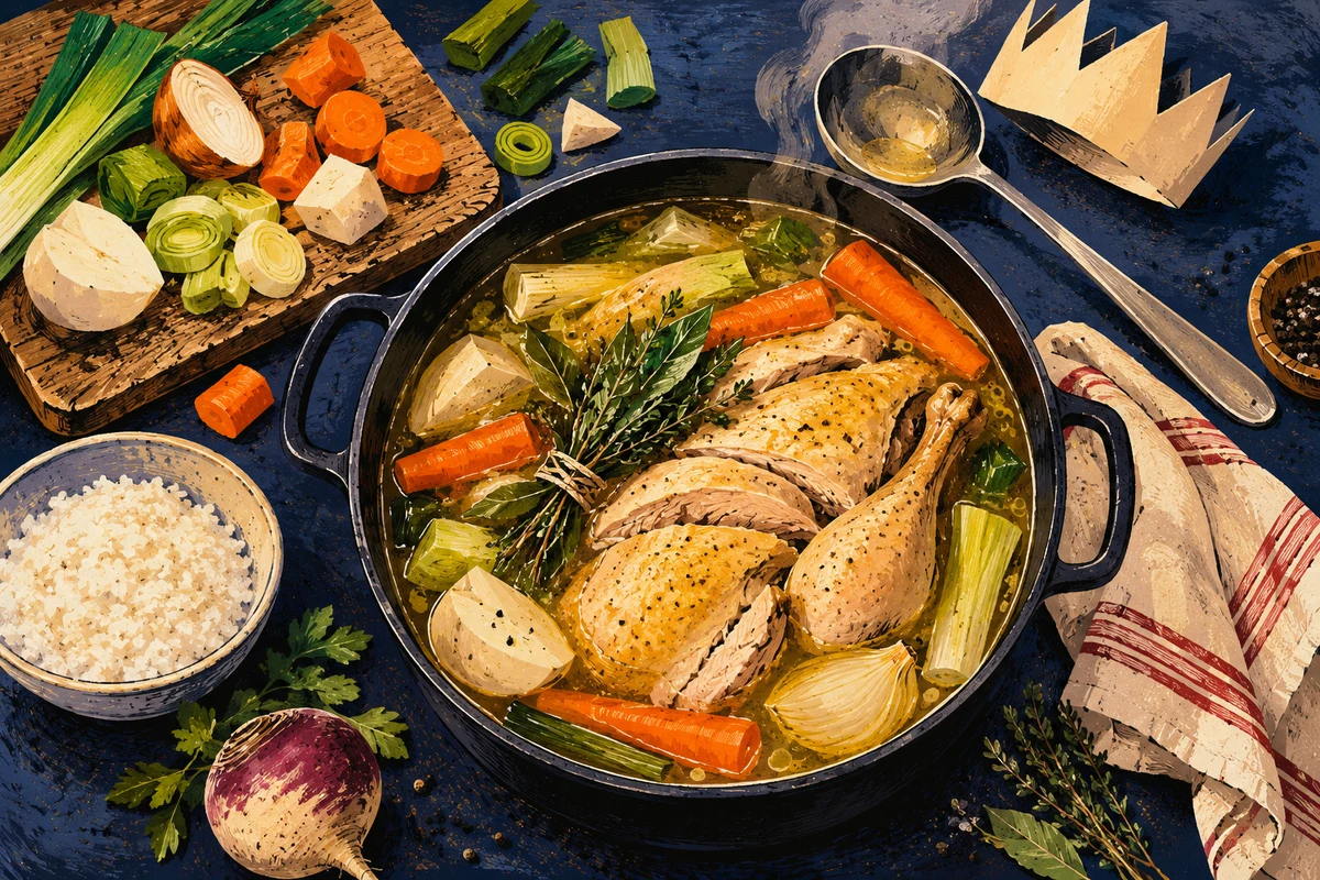 Vue de dessus d’une marmite de poule au pot avec bouillon, volaille préparée et légumes ; une petite couronne de papier renversée reste à l’écart près de la louche.