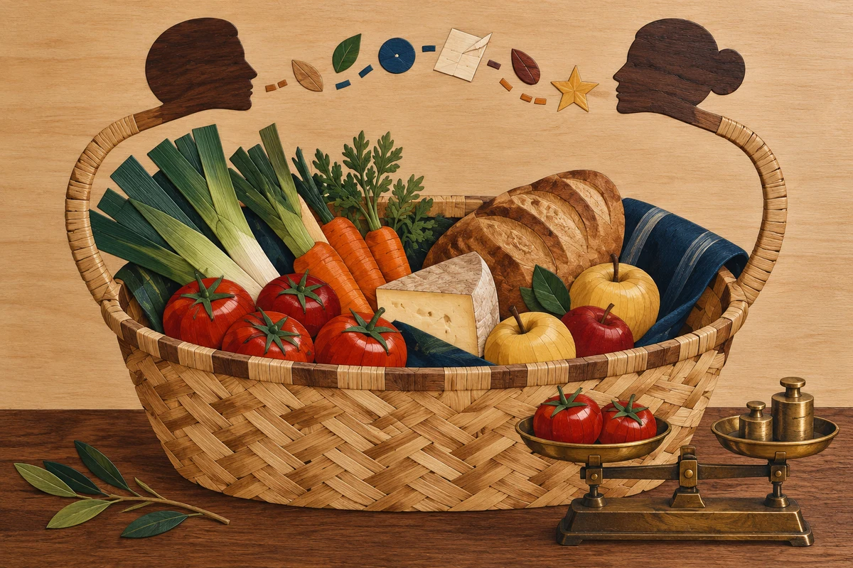 Un grand cabas en marqueterie rempli de légumes, fruits, pain et fromage ; ses deux anses se terminent en profils qui échangent de petites formes, tandis qu’une balance pèse des tomates.