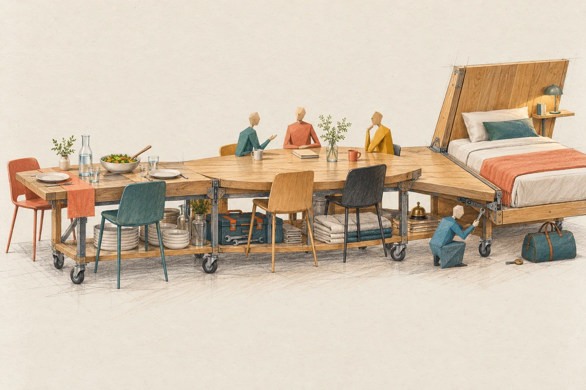 Un long meuble modulable dessiné au crayon relie une table dressée, un espace de rencontre et un lit ; dessous, vaisselle, linge et outils restent visibles tandis qu’une silhouette règle une charnière.